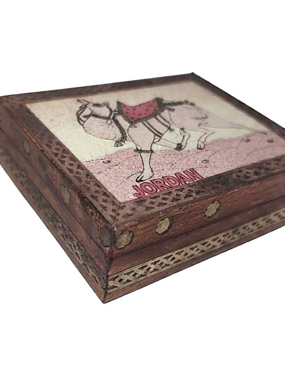 Vintage Wooden Keepsake Box Jordan Middle East Camel Glass Brass Trinket